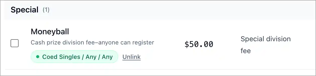 Moneyball special division fee in the registration view