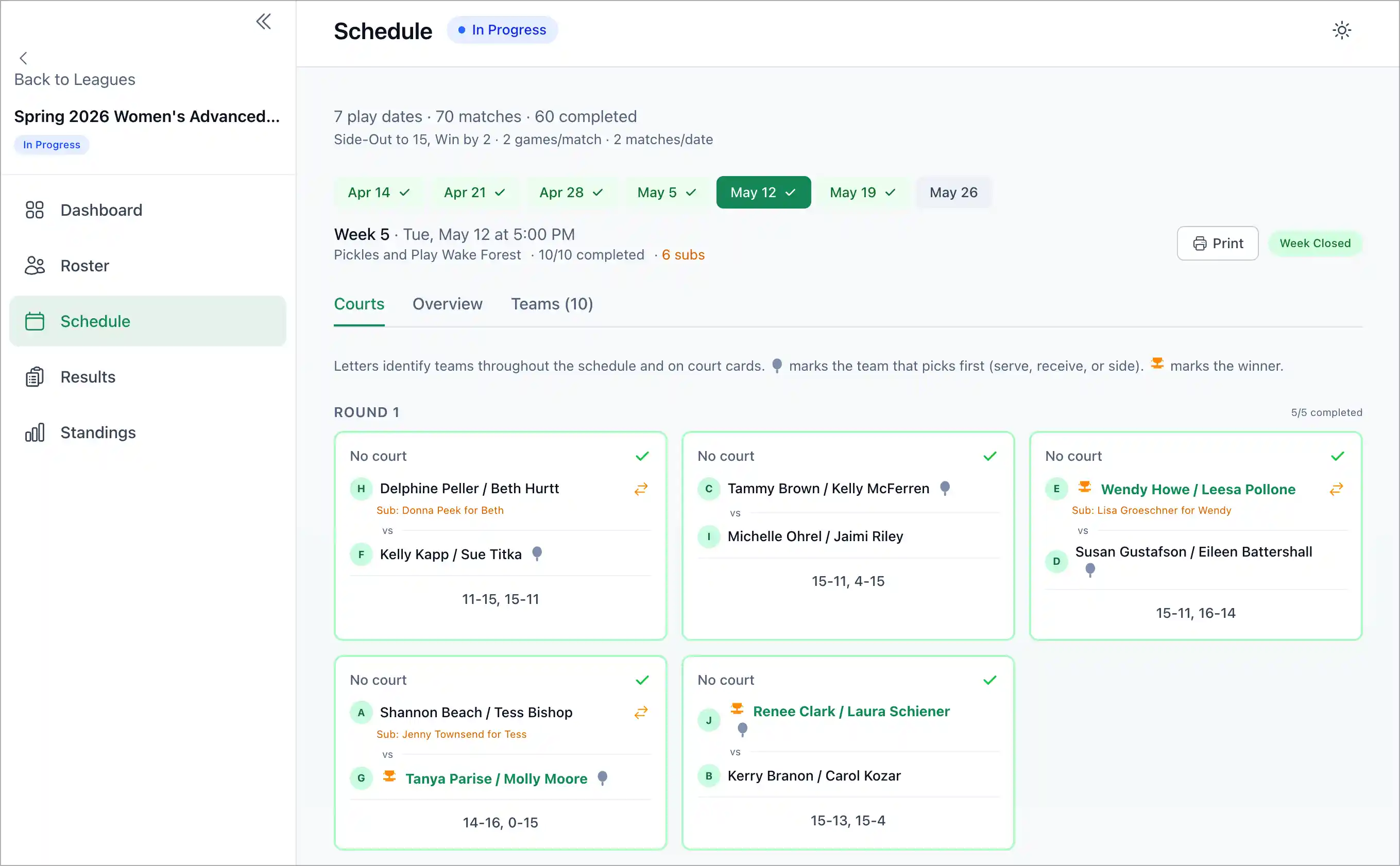 Screenshot of the new league schedule