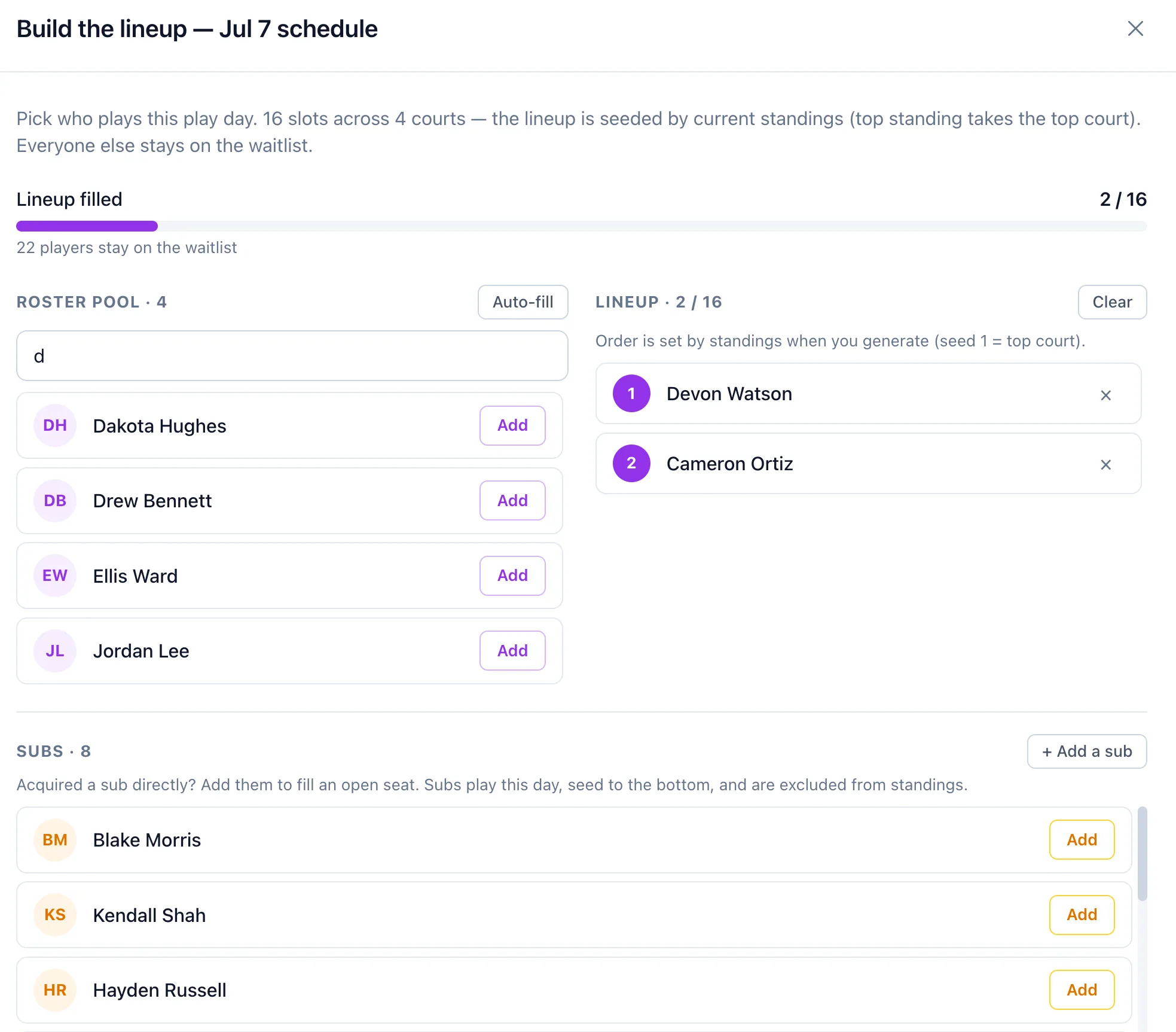 Build the lineup drawer seeding players into court slots by standings