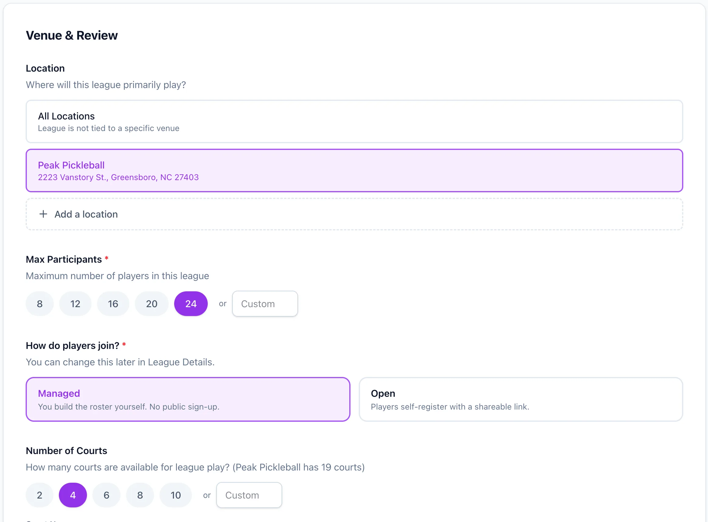 Venue and review step with location, max participants, and court count